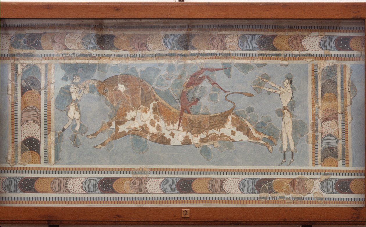 Tjurfäktningsfresk, från Knossos, målad omkring 1550-1450 f.Kr. av Minoan