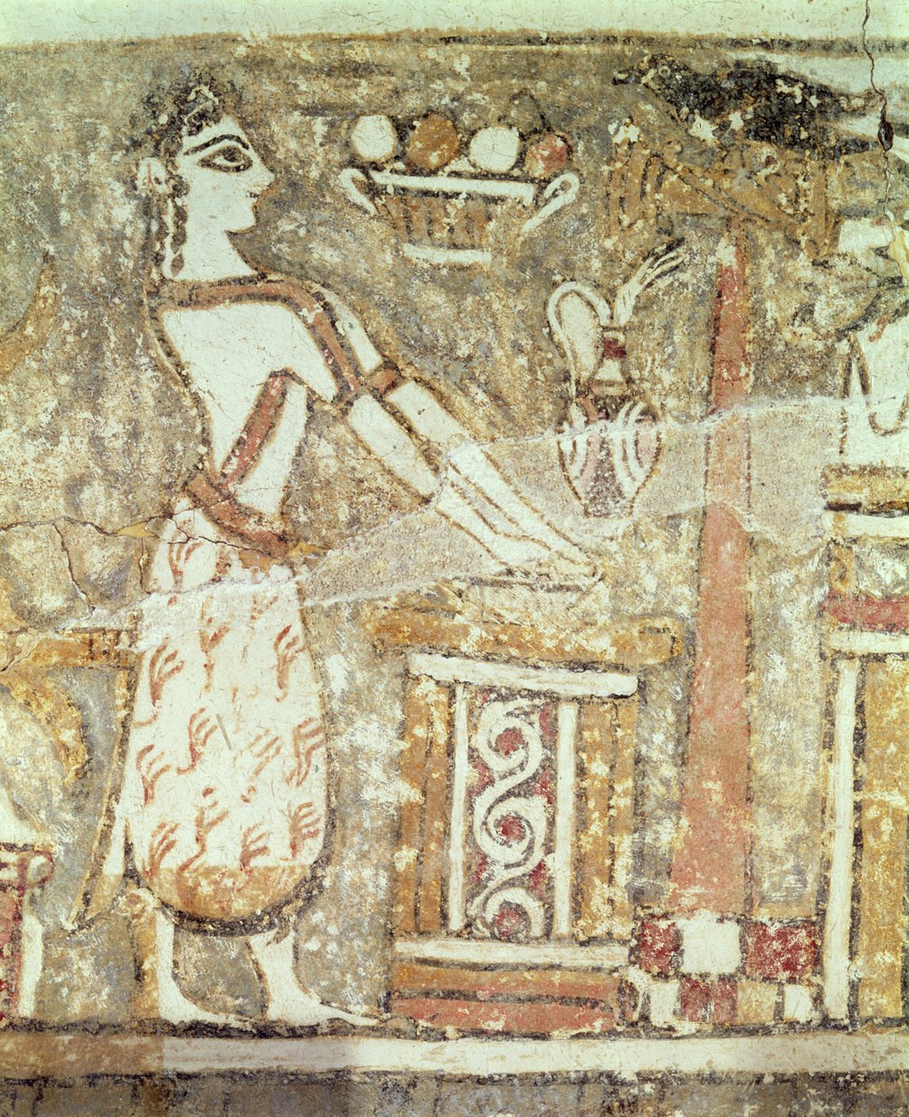 Prästinna vid ett altare, detalj från en sarkofag från en grav i Ayia Triada, Kreta, sen minoisk period, ca 1390 f.Kr. (målad gips på kalksten) av Minoan