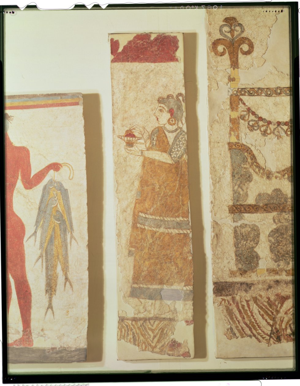 Tre väggmålningsfragment: "Fiskaren", "Prästinnan" och en "Ikrion", borttagna från det västra huset i Akrotiri på ön Thera, ca 1500 f.Kr. (väggmålning på gips) av Minoan