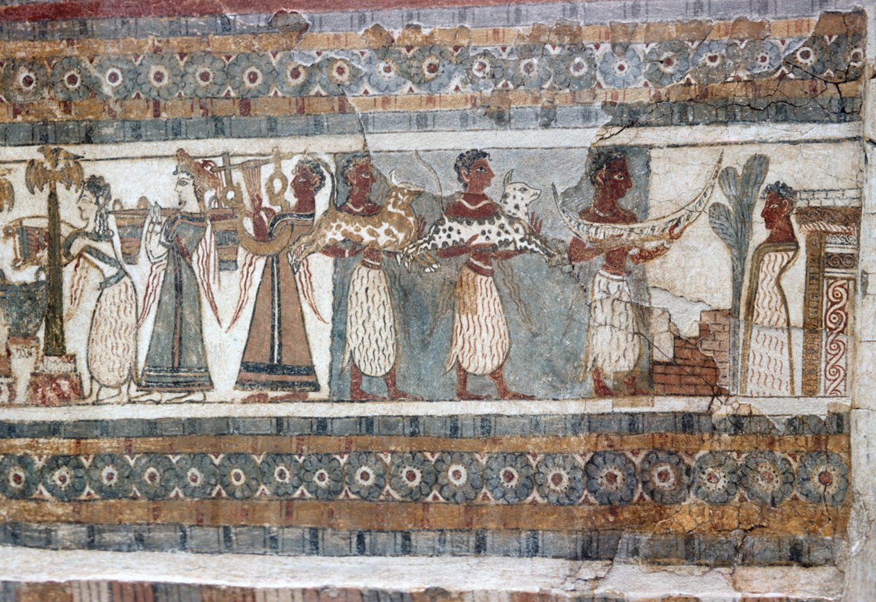 Detalj, fresco på sarkofag från Hagia Triada av Minoan