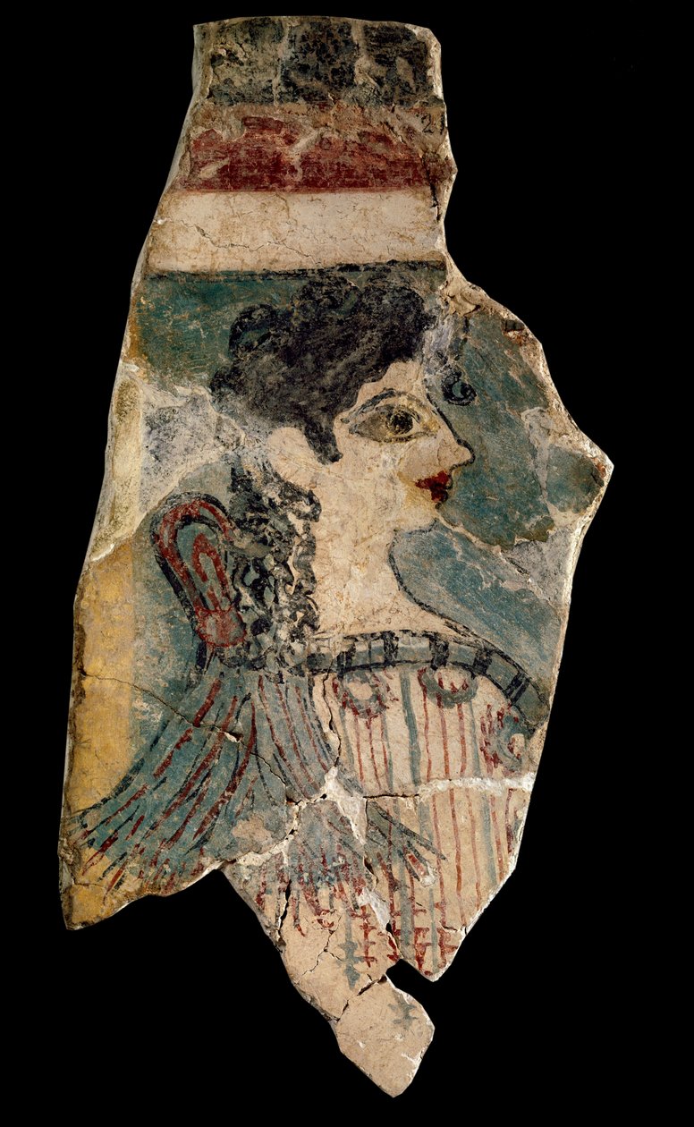 La Parisienne: fragment av fresk som representerar en profilförtress. Från Cnossos (knossos). Minoisk konst, omkring 1500-1450 f.Kr. Heraklions arkeologiska museum. Kreta, Grekland. - La Parisienne (alias den minoiska damen): fragment av en fresk som föres av Minoan