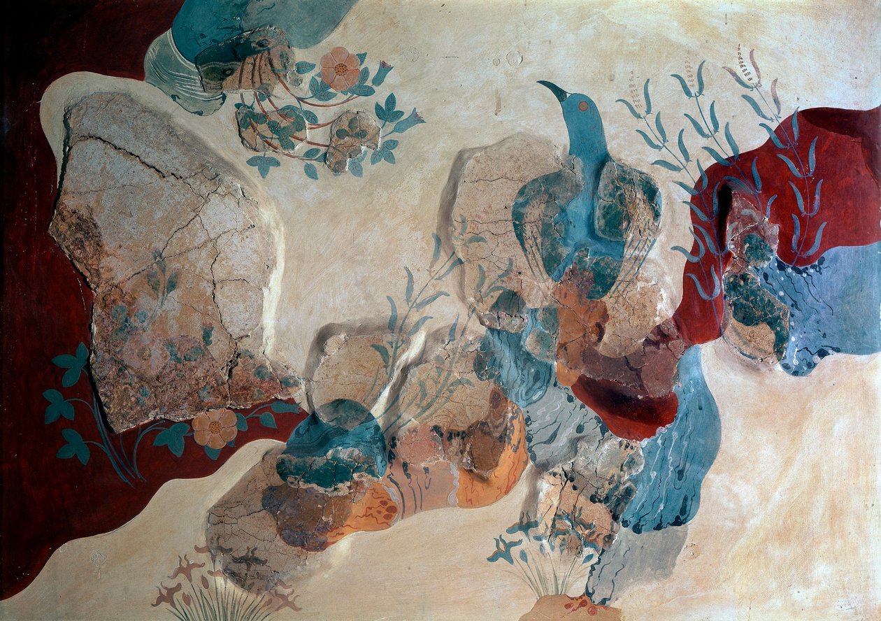 Minoisk konst: "" Blue Bird"" Fragment av fresk av Freskernas hus. 1500 f.Kr. Heraklion, arkeologiska museet, Kreta - minoisk konst: blå fågel. Fragment av fresken som visar en fågel bland stenar, vilda rosor och iris, från Freskernas hus av Minoan
