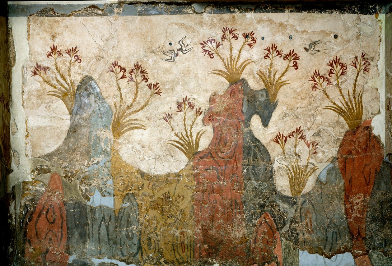 Minoisk konst: "" Spring"" Fresk från Akrotiri till Santorini. 1500-talet f.Kr. Aten, Arkeologiska museet av Minoan