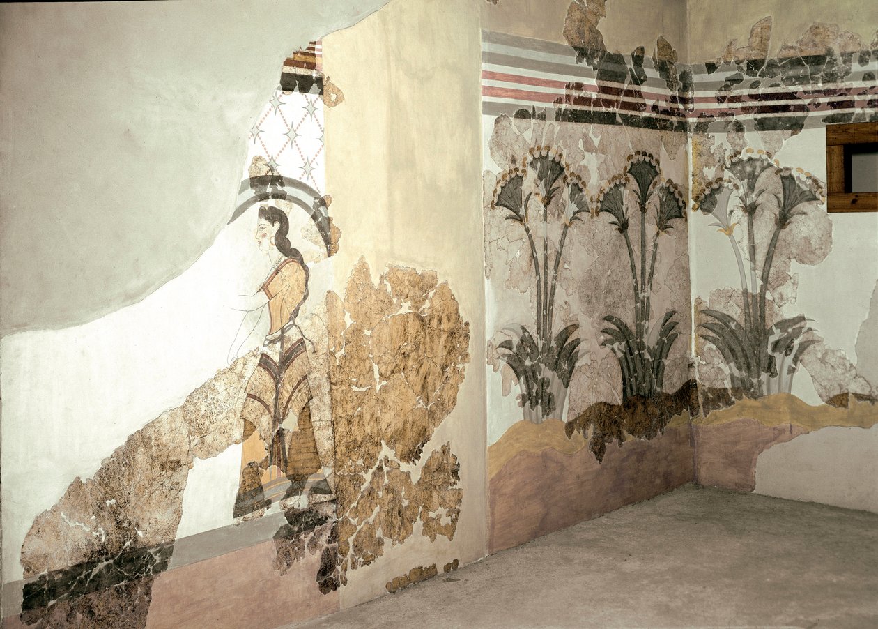 Minoisk konst: "Kvinnan med Lys"" Fresk från Akrotiri på Santorini. 1500-talet f.Kr. Aten, Arkeologiska museet av Minoan