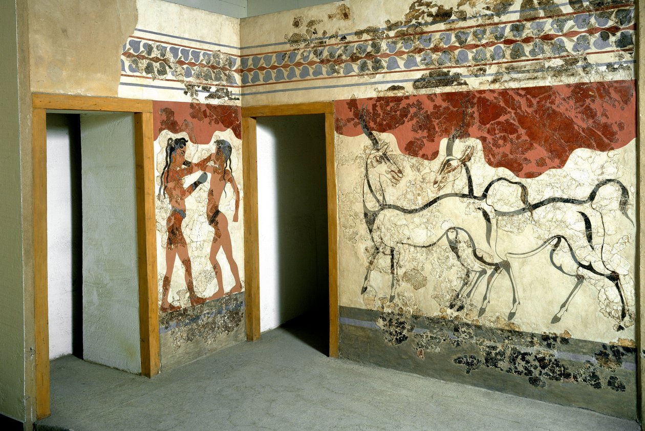 Minoisk konst: "" djur och fighter fight""" Fresk från Akrotiri på Santorini. 1500-talet f.Kr. Aten, Arkeologiska museet av Minoan