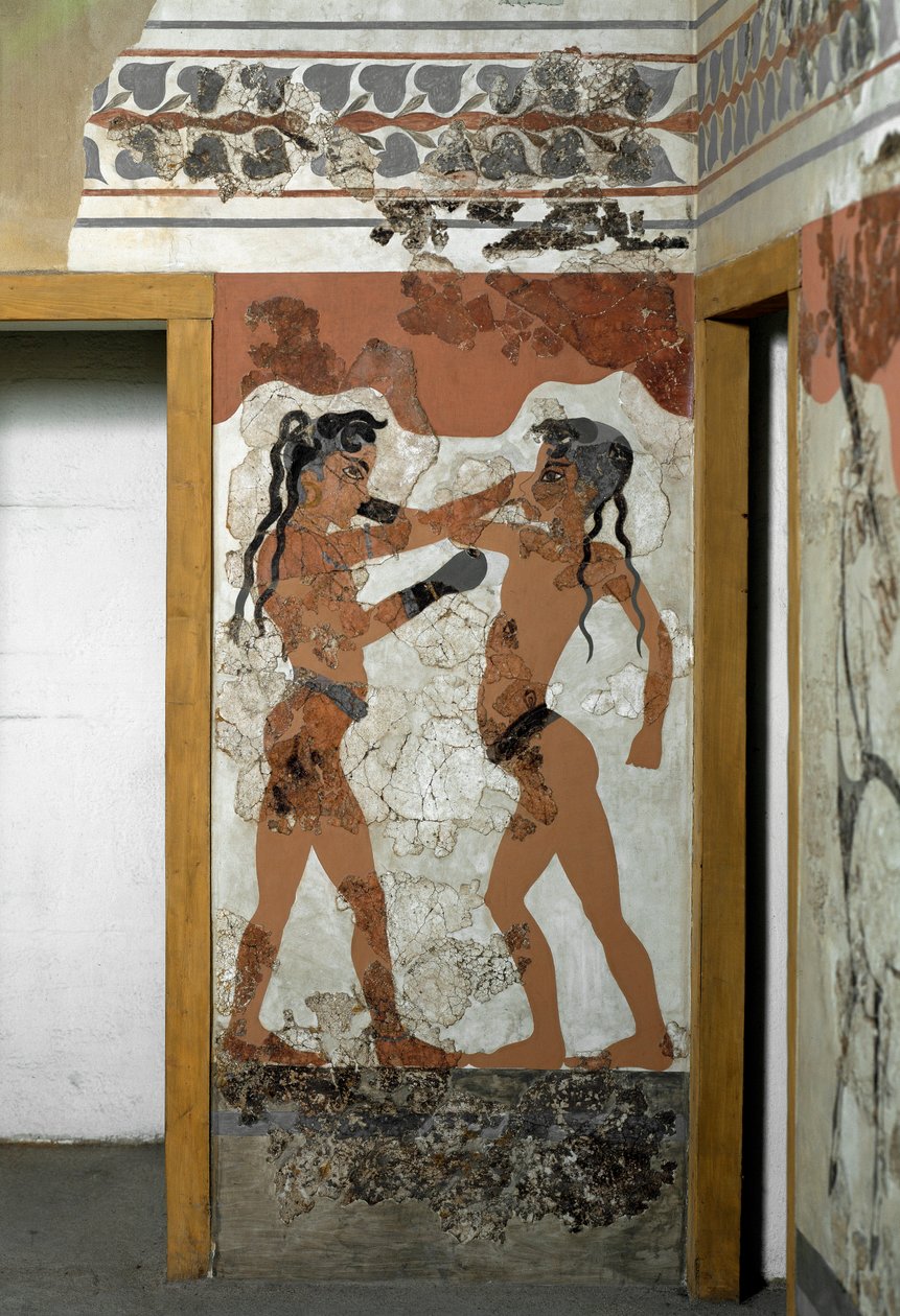 Minoisk konst: "" slåss mellan två boxare""" Fresco från Akrotiri till Santorini. 1500-talet f.Kr. Aten, Arkeologiska museet av Minoan