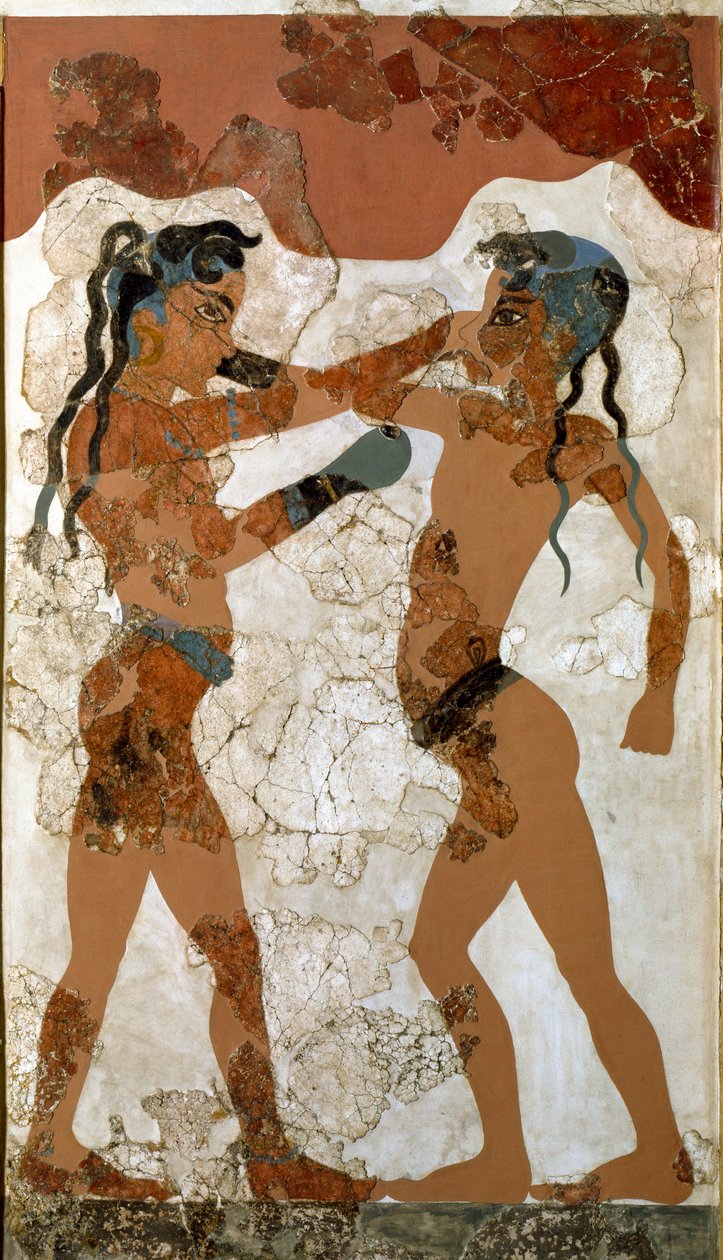 Minoisk konst: "" slåss mellan två boxare""" Fresco från Akrotiri till Santorini. 1500-talet f.Kr. Aten, National Archaeological Museum - Minoisk konst: Minoisk pojkboxning. Fresk från Akrotiri, Santorini 1500-talet f.Kr. Arkeologiska museet, Ath av Minoan