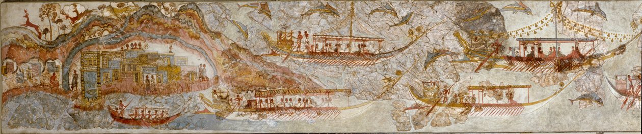 Minoisk konst: "" sjöexpedition"" Fresk från Akrotiri till Santorini. 1500-talet f.Kr. Aten, Arkeologiska museet av Minoan