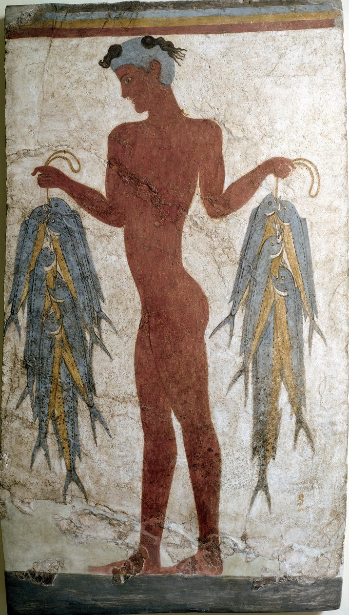 Minoisk konst: "" fiskare"" Fresk från Akrotiri till Santorini. 1500-talet f.Kr. Aten, Arkeologiska museet av Minoan