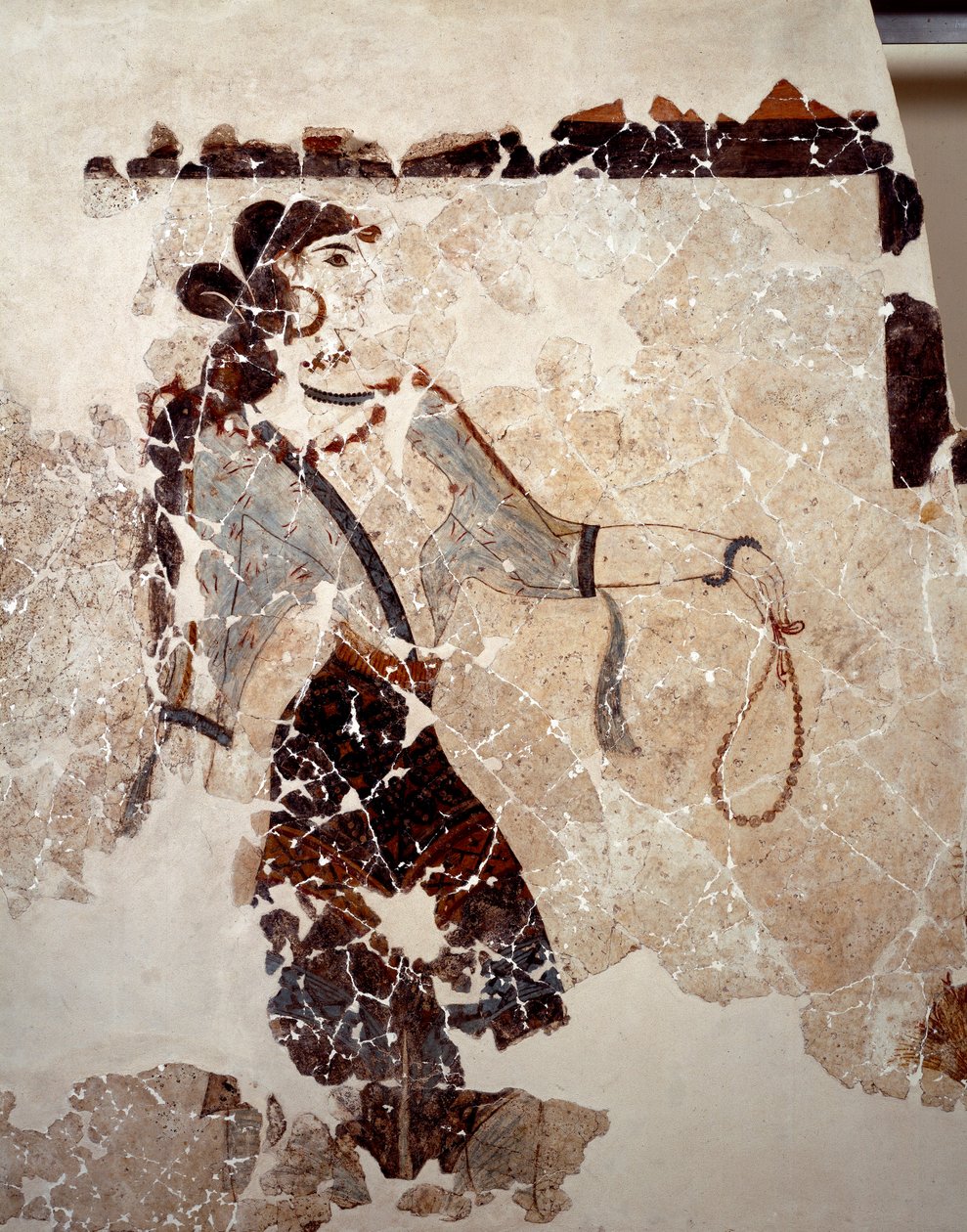 Minoisk civilisation: kvinnor i tillbedjan. Detalj. Fresk från den lustrala bassängen Xeste 3 i Akrotiri (Thera), Santorini. Dämpa. 143x381 cm 1500-talet f.Kr. Santorini, Samling fresker av Akrotiri a Thera av Minoan