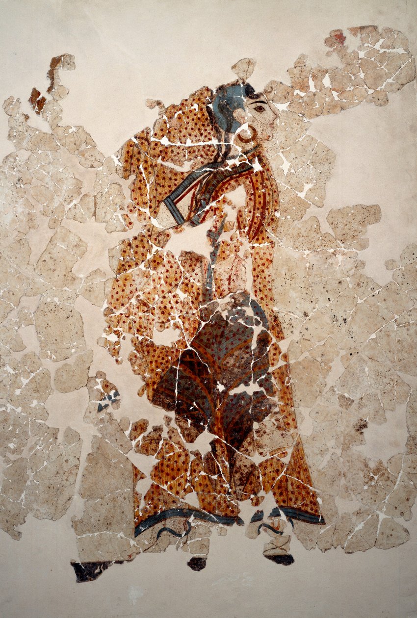 Minoisk civilisation: kvinnor i tillbedjan. Detalj. Fresk från den lustrala bassängen Xeste 3 i Akrotiri (Thera), Santorini. Dämpa. 143x381 cm 1500-talet f.Kr. Santorini, Samling av fresker av Akrotiri a Thera av Minoan