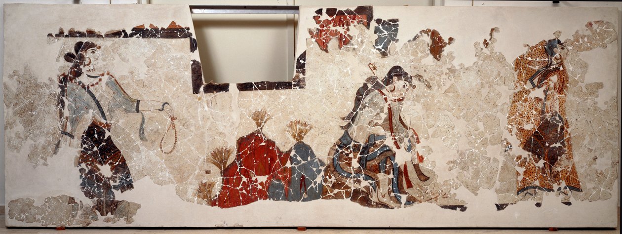 Minoisk civilisation: kvinnor i tillbedjan. Fresk från den lustrala bassängen i Xeste 3-byggnaden i Akrotiri (Thera), Santorini av Minoan