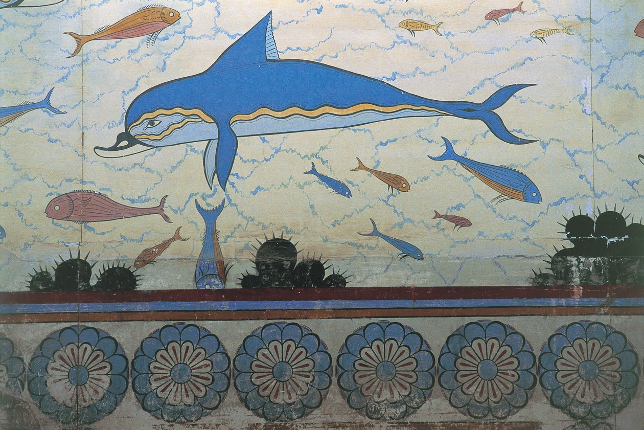 Närbild av en väggmålning i ett palats, Palace Of Minos, Knossos, Kreta, Grekland av Minoan