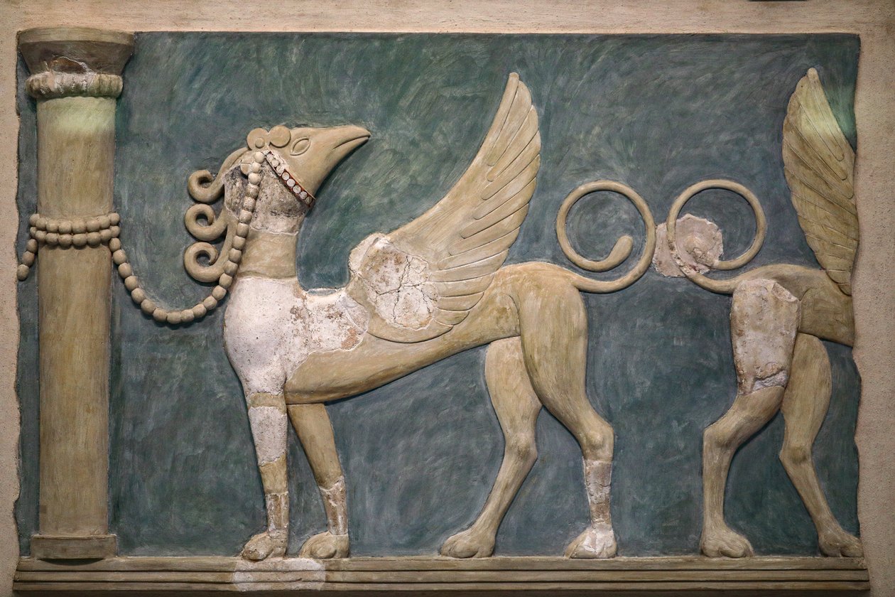 Fresk av Griffins med hög relief. Palatset i Knossos. 1600-1450 f.Kr av Minoan