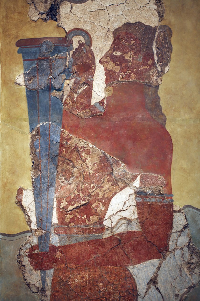 minoisk konst. "Muggbäraren", en figur från processionen Fresco. Originalrekonstruktion från de få fragment som hittades av A. Evans på den arkeologiska platsen i Knossos och som nu visas i Herakleions arkeologiska museum. Den visar en ung man med lång sva av Minoan