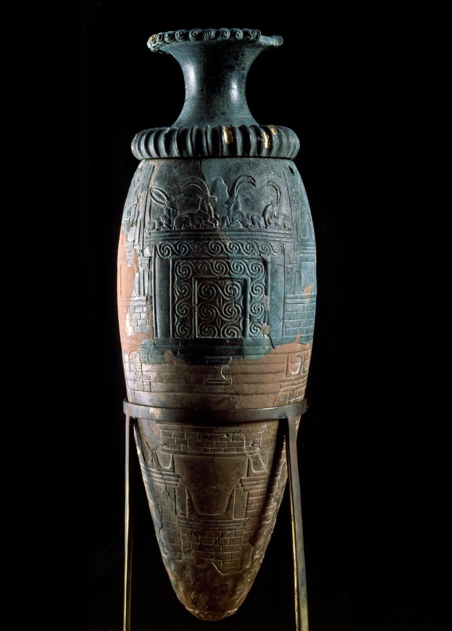 Minoisk konst: rhyton eller rhyton eller rhyton (apparatvas) i grön sten. från Zakros, Kreta. Heraklion, arkeologiskt museum av Minoan