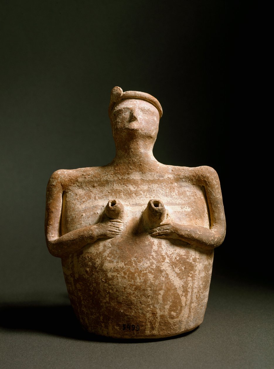 Minoisk konst: terrakottavas i form av en kvinna som stödjer hennes bröst. Från helgedomen Piskokephalo på Kreta. 1700-1450 f.Kr. Heraklion, arkeologiskt museum av Minoan