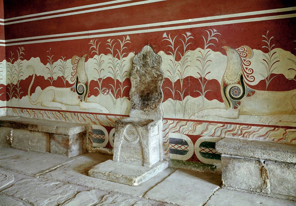 Minoisk civilisation: utsikt över tronrummet i kung Minos a Cnossos (Knossos) palats. Kreta - minoisk civilisation: utsikt över tronrummet i kung Minos palats i Knossos. Kreta, Grekland av Minoan