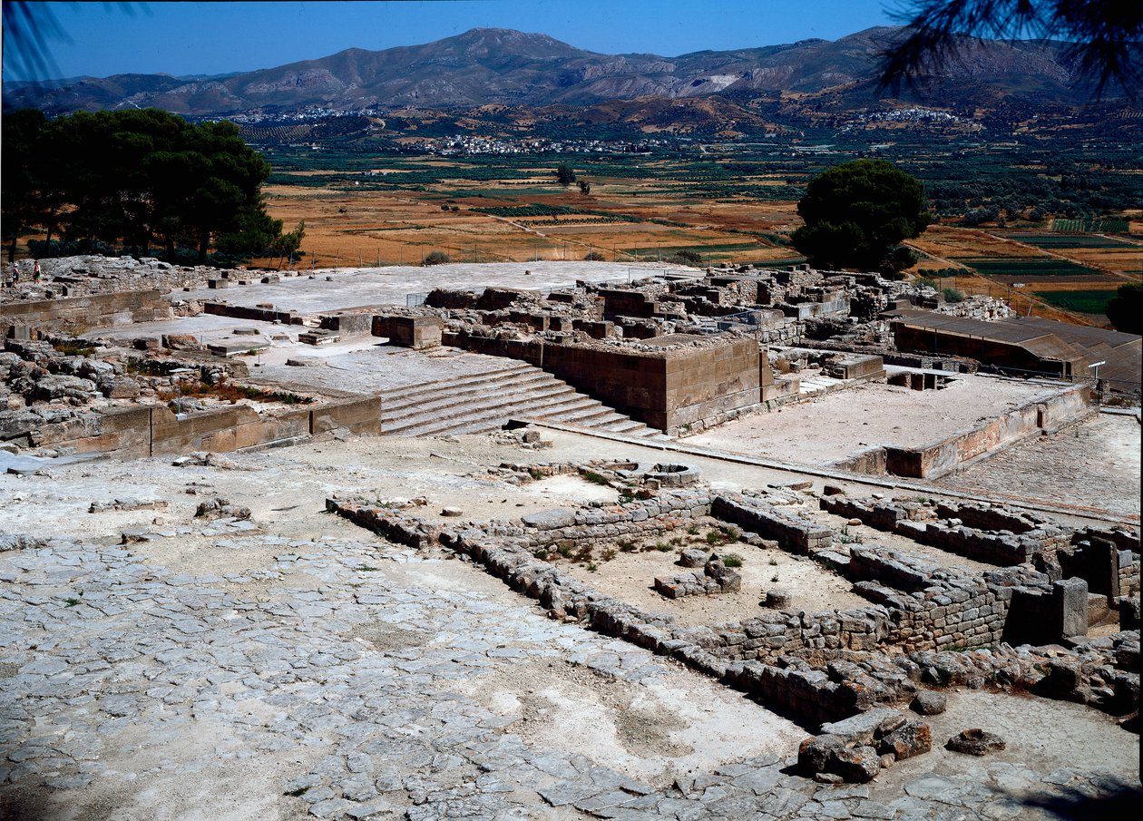 Minoisk civilisation: utsikt över den västra flygeln av Phaistos palats (Festos) 1950-1700 f.Kr. Phaistos, Kreta av Minoan