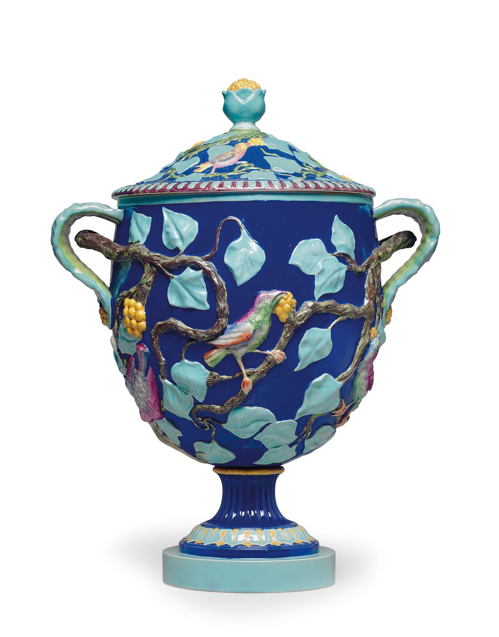 Engelsk Majolica tvåhandtagsvas och omslag, mitten av 1800-talet (keramik) av Mintons Ltd (attr. to)