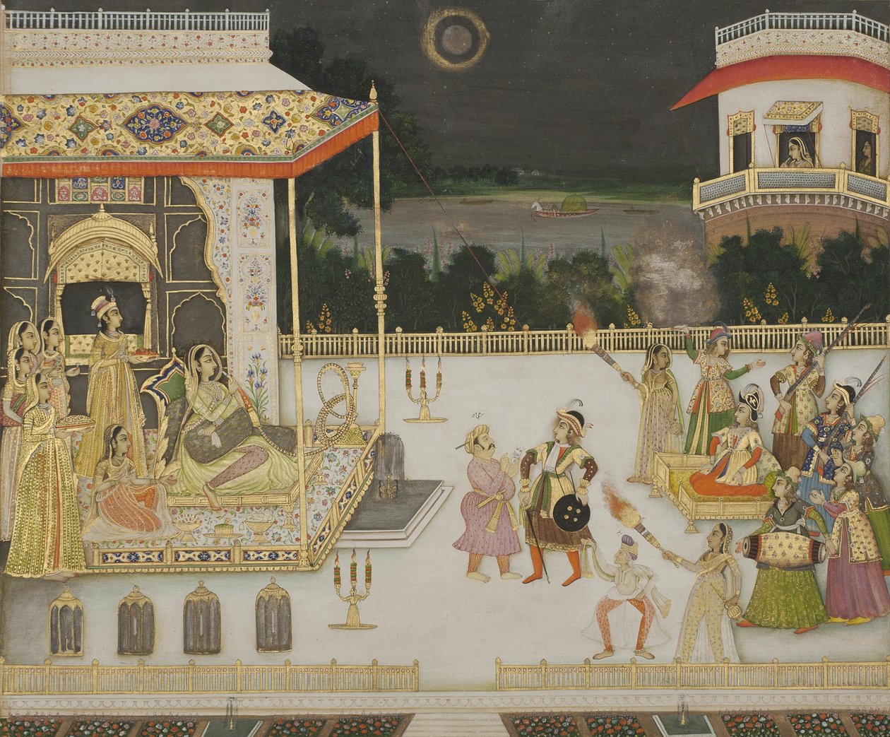 Drottning Udham Bai underhålls, 1742 (opak wc och guld på papper) av Mir Miran