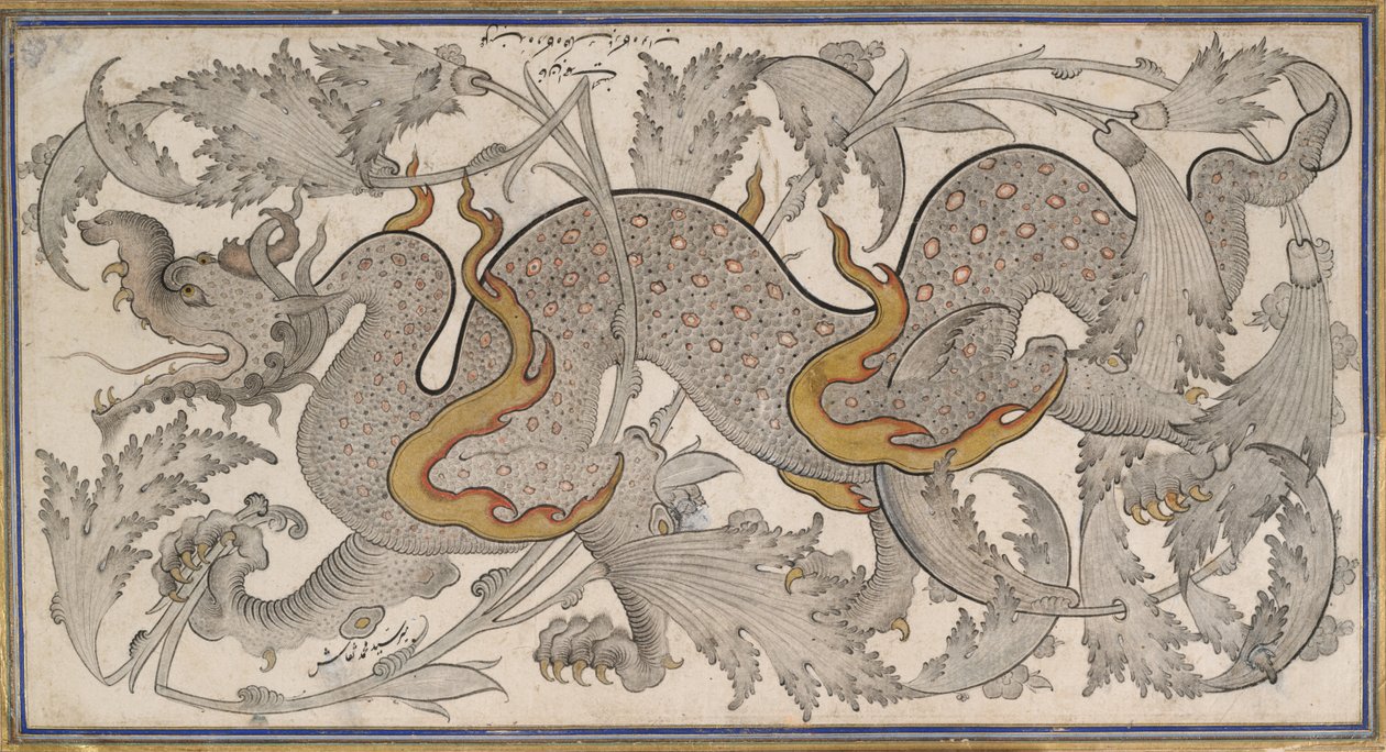 Dragon in Foliage (drawing, recto); calligraphy, (verso) av Mir Sayyid Muhammad Naqqash