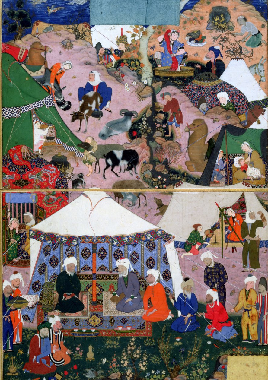 Nomadisk läger, från en Khamsa (kvintett) av Nizami, Tabriz, Östra Azerbajdzjan, Perser, Safaviddynastin, 1539-43 (ogenomskinlig wc och guld på papper) av Mir SayyidAli attr. to Mir SayyidAli attr. to
