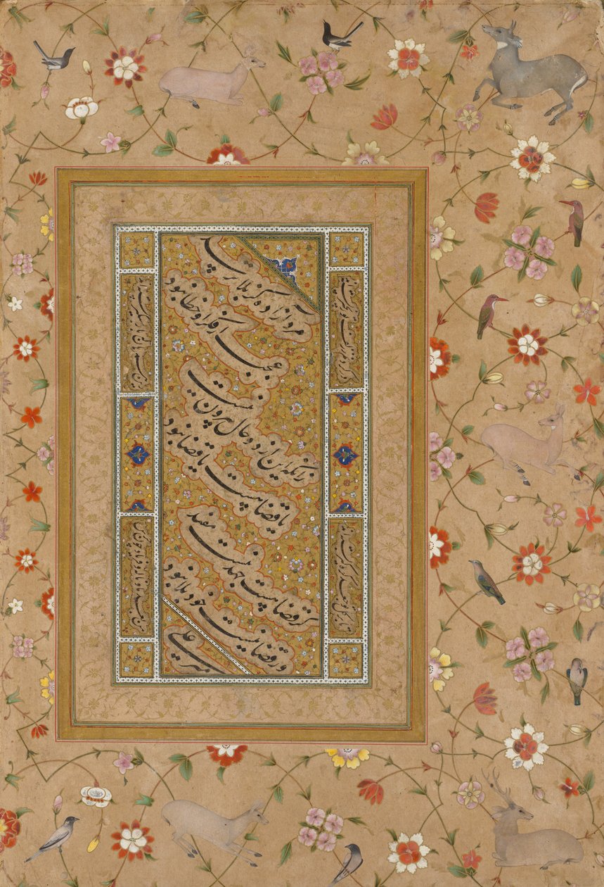 Sida från Late Shah Jahan Album: Persisk kalligrafi inramad av en dekorativ kant av blommor och fåglar av Mir 