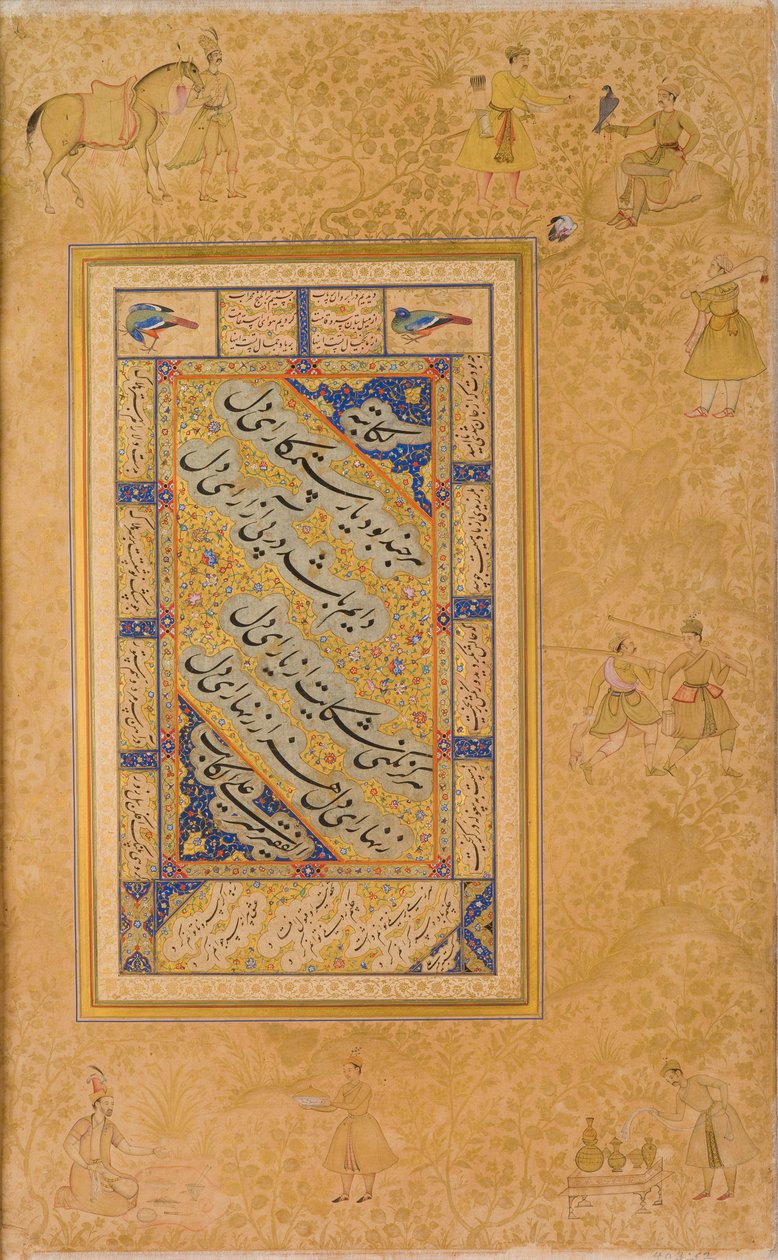 Sida ur ett album gjort för Jahangir, recto, recto kalligrafi första hälften 1500-talet; verso bild ca 1590; album ca 1608-19 (akvarell, guld och bläck på papper) av Mir Ali Al Husayni