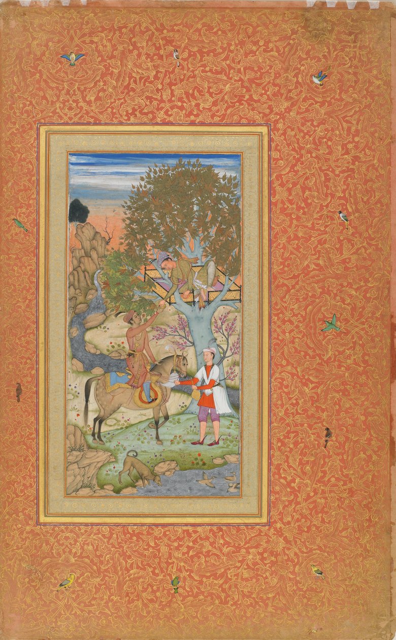 Prins till häst bjuder en yngling på vin, ca 1600 (akvarell, bläck, guld på papper) av Mir Ali Al Husayni