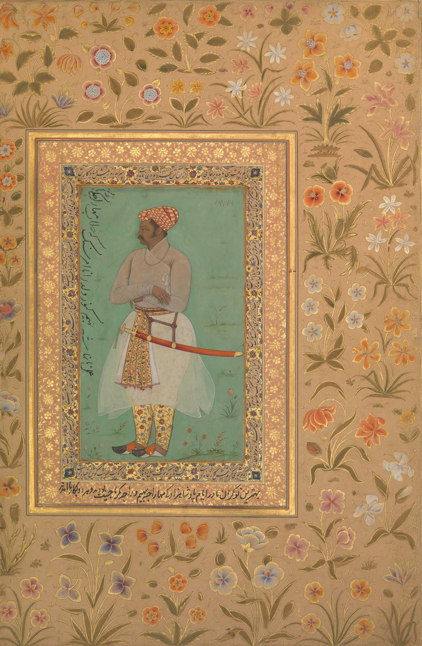 Porträtt av Maharaja Bhim Kanwar, Folio från Shah Jahan-albumet, verso: ca. 1615-29 av Mir 