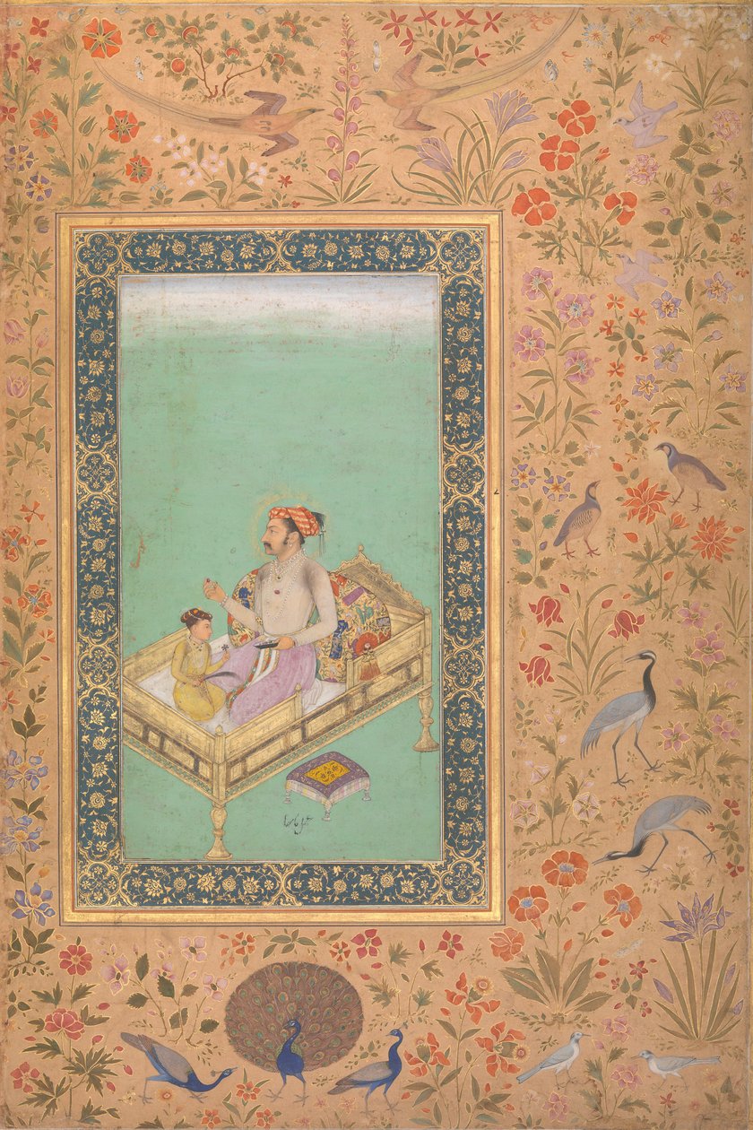Kejsaren Shah Jahan med hans son Dara Shikoh, Folio från Shah Jahan-albumet, Verso: Ca.1620 av Mir 