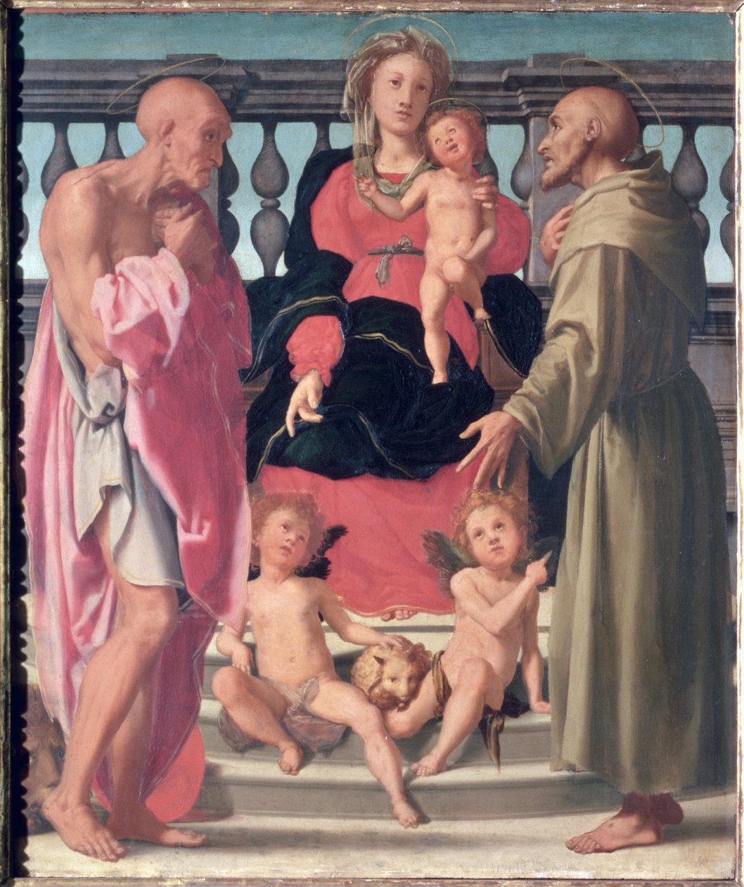 Madonna och barn med SS. Jerome och Francis (panel) av Mirabello Cavalori