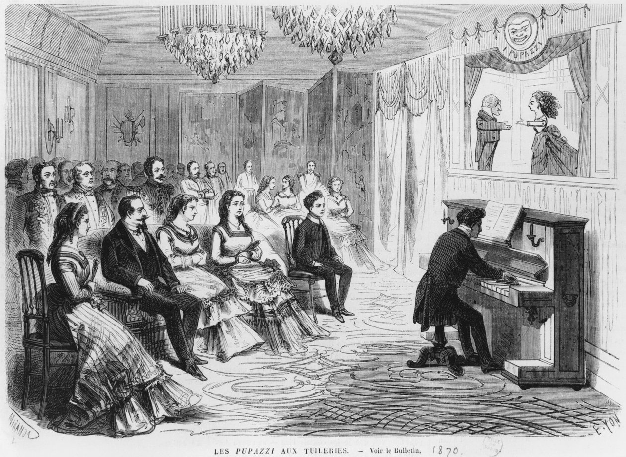 Dockteatern I Pupazzi framför kejsar Napoleon III (1808-73), kejsarinna Eugenie (1826-1920) och prins Eugene Louis Napoleon Bonaparte (1856-79) på Tuilerierna, graverad av Edmond Yo av Miranda