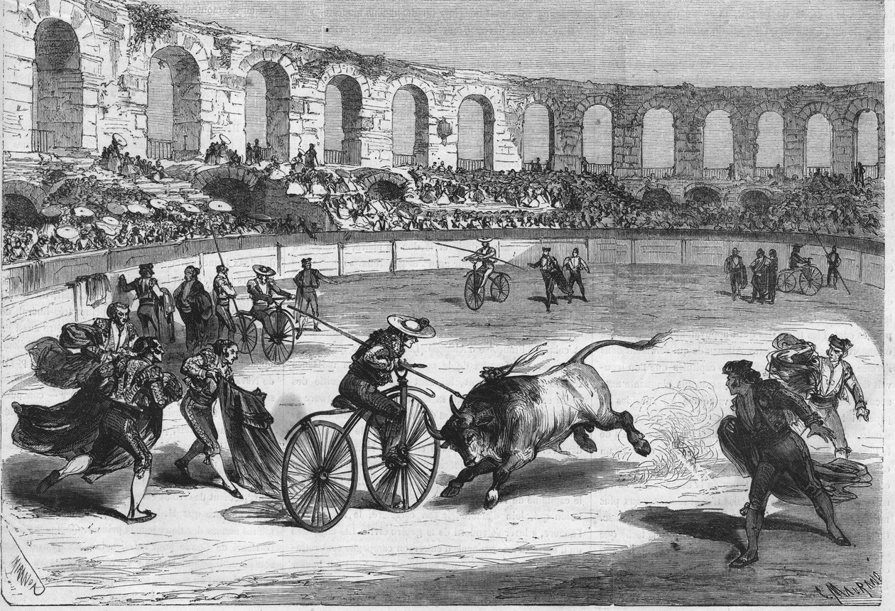 Tjurarna tävlar i arenan i Nimes 1869. Toreatorerna monterade på velocipeder. Teckning av Mr Miranda. av Miranda Miranda
