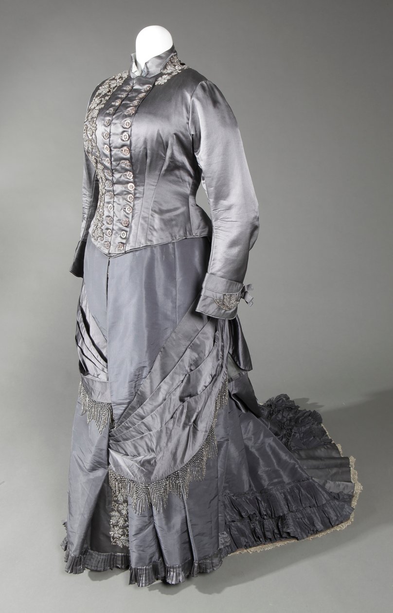 Three piece steel gray dress includes two bodices and one skirt.  Worn by Eliza Albray Wessel in Cincinnati av Miss Galvin