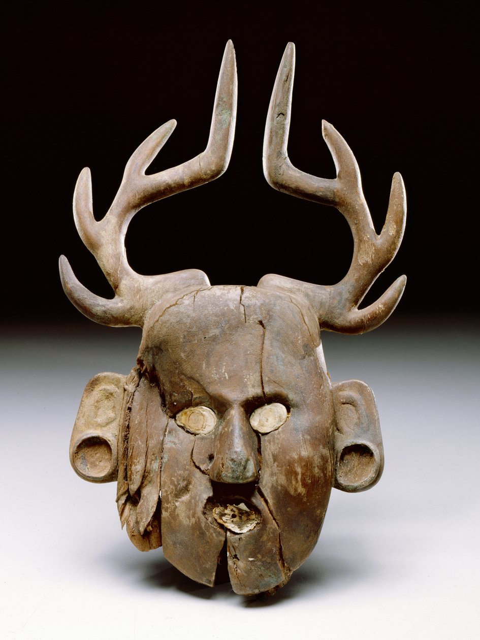 Mask med horn, 1400-1600 (trä och ben) av Mississippian culture