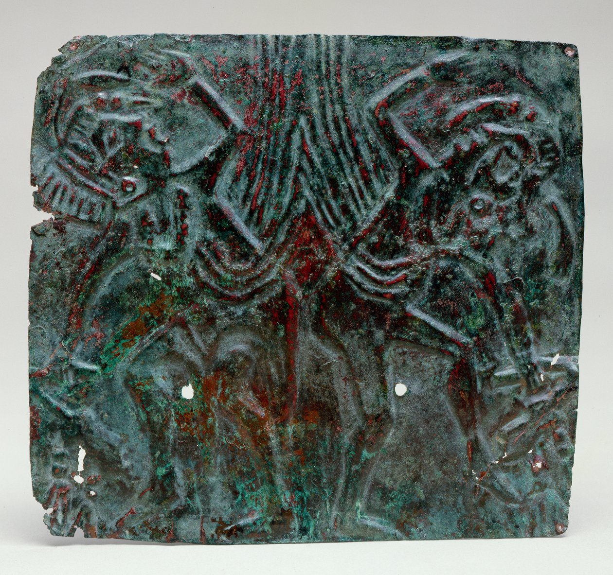 Repousseplatta med dansande figurer, 1100-1300 (koppar och pigment) av Mississippian culture