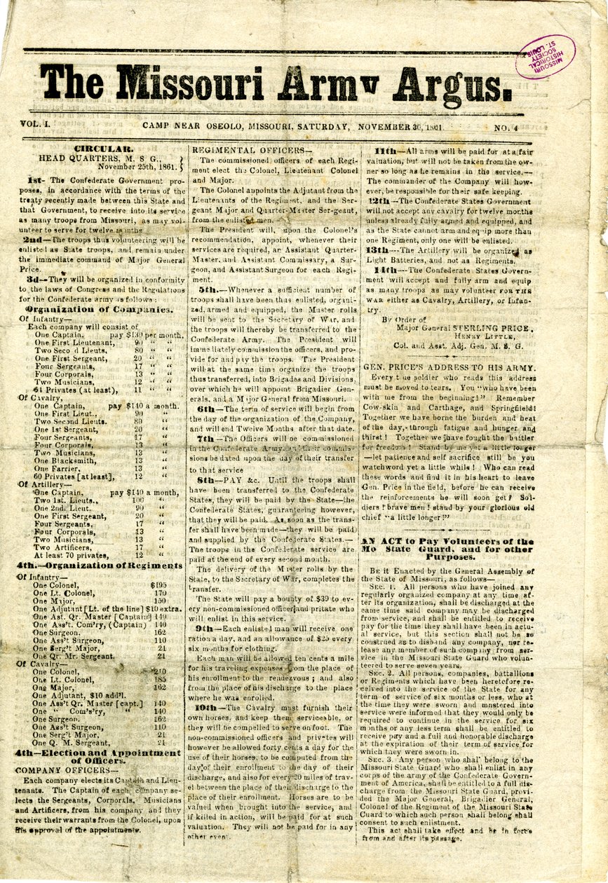 Innehåller tryckta cirkulär och bokstäver, en proklamation och ett meddelande till kvinnor i Missouri av Missouri Army Argus