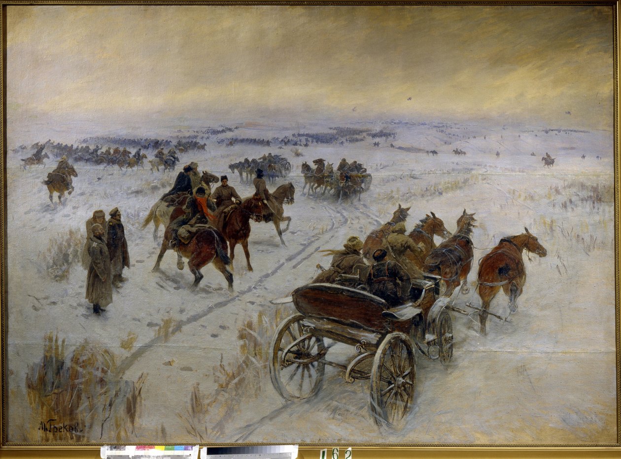 Slaget vid Yegorlykskaya (Ryssland). Avsnitt av det ryska inbördeskriget (1917-1923), konfrontation mellan Röda arméns och Vita arméns kavalleri på de snöiga slätterna. Målning av Mitrofan Borisovich Grekov (1882-1934), olja på duk av Mitrofan Borisovic Grekov