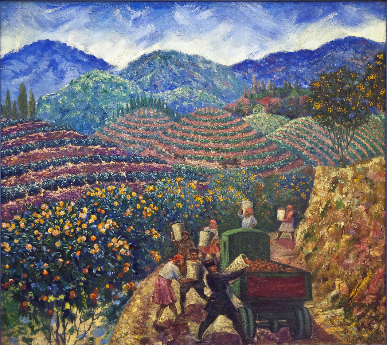 The Harvest in Chakva State Farm par Beringov, Mitrofan Mikhailovich (1986-1937). Olja på duk, sitz: 114x128 av Mitrofan Mikhaylovich Beringov