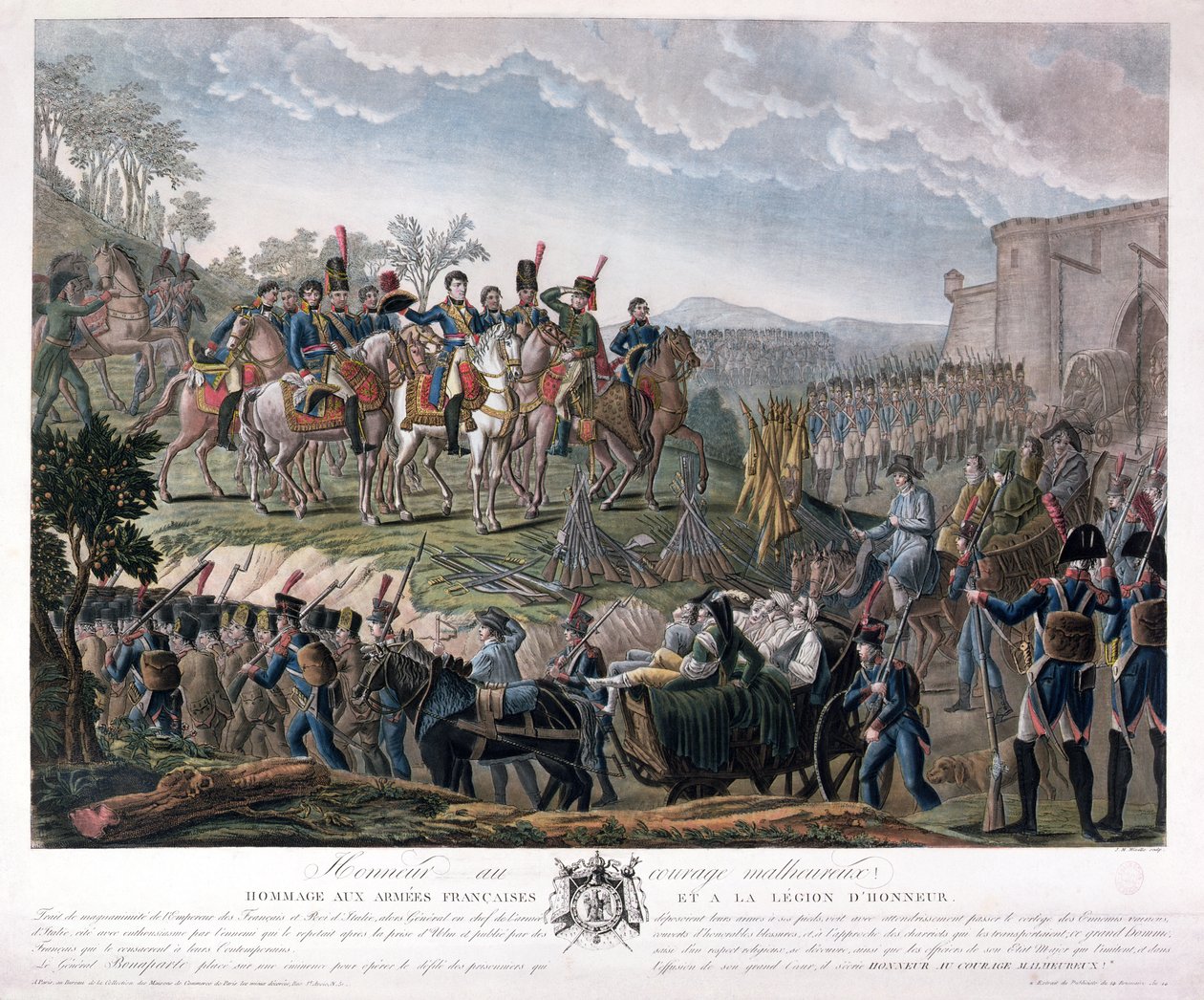 Napoleon hyllar de besegrades mod, under kapitulationen av Ulm, 20 oktober 1805 (färgstick) av Mixille or Mixelle Jean Marie