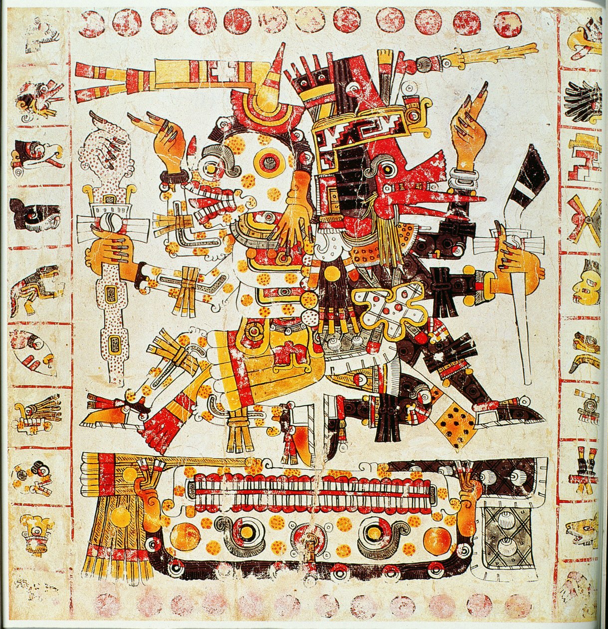 Faksimilkopia av en sida i Borgia-kodexen som visar döds- och livsgudar placerade sida vid sida (färglitografi) av Mixtec