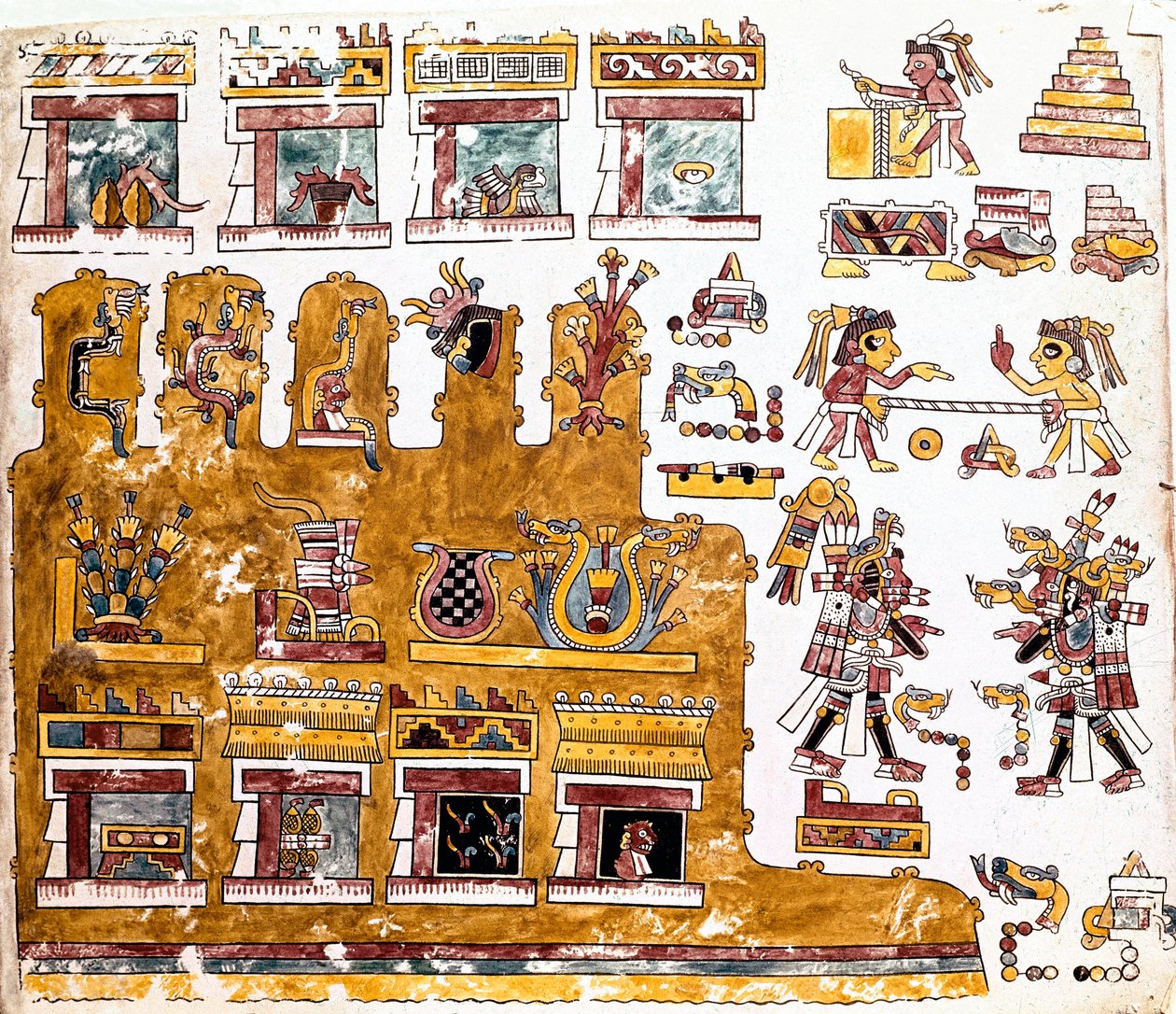 Mixtec civilisation: Mixtec Codex med illustrationer av aktiviteter som äger rum innan ett tempel - Precolombian konst, blandad civilisation: scener av det dagliga livet framför ett tempel - Detalj av en kopia av Codex Vindobonensis eller wienska codex ski av Mixtec Mixtec