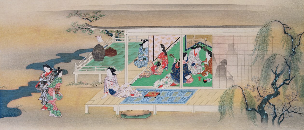 Musikalisk soaré under en månbelyst kväll i juni, illustration från Kokka magazine, publicerad 1905-6 av Miyagawa Chōshun