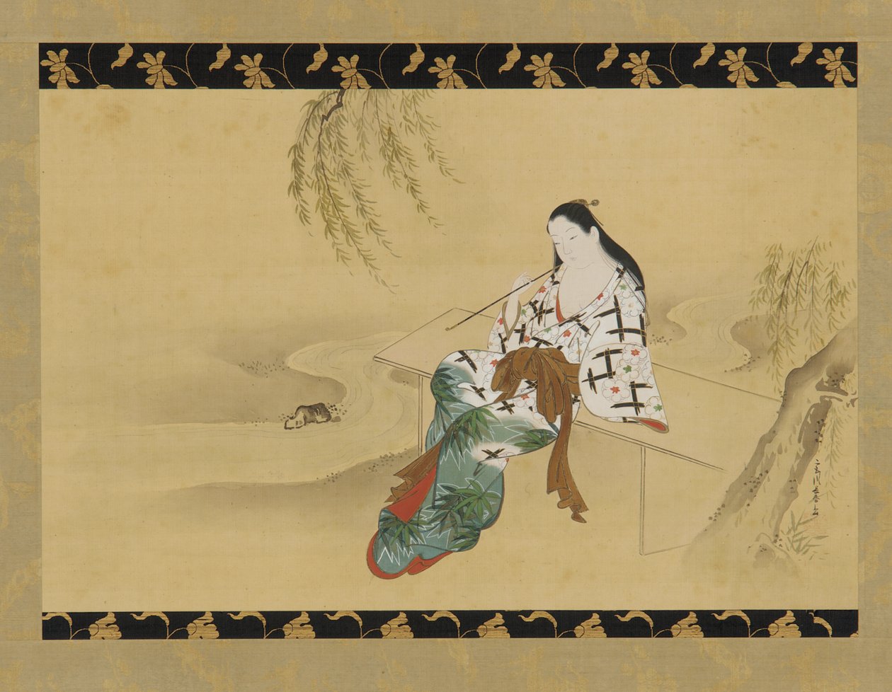Landskap: en yujo som sitter på en bänk, 1700-tal. av Miyagawa Chōshun