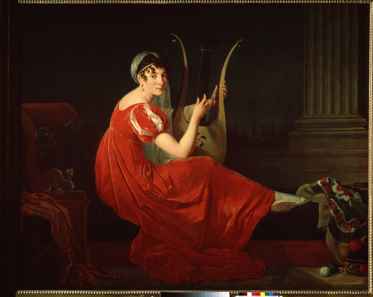 Porträtt av Josephine Budayevskaya. Elegant kvinna med harpan. Målning av Mademoiselle Riviere (1780-?) av Mlle Riviere
