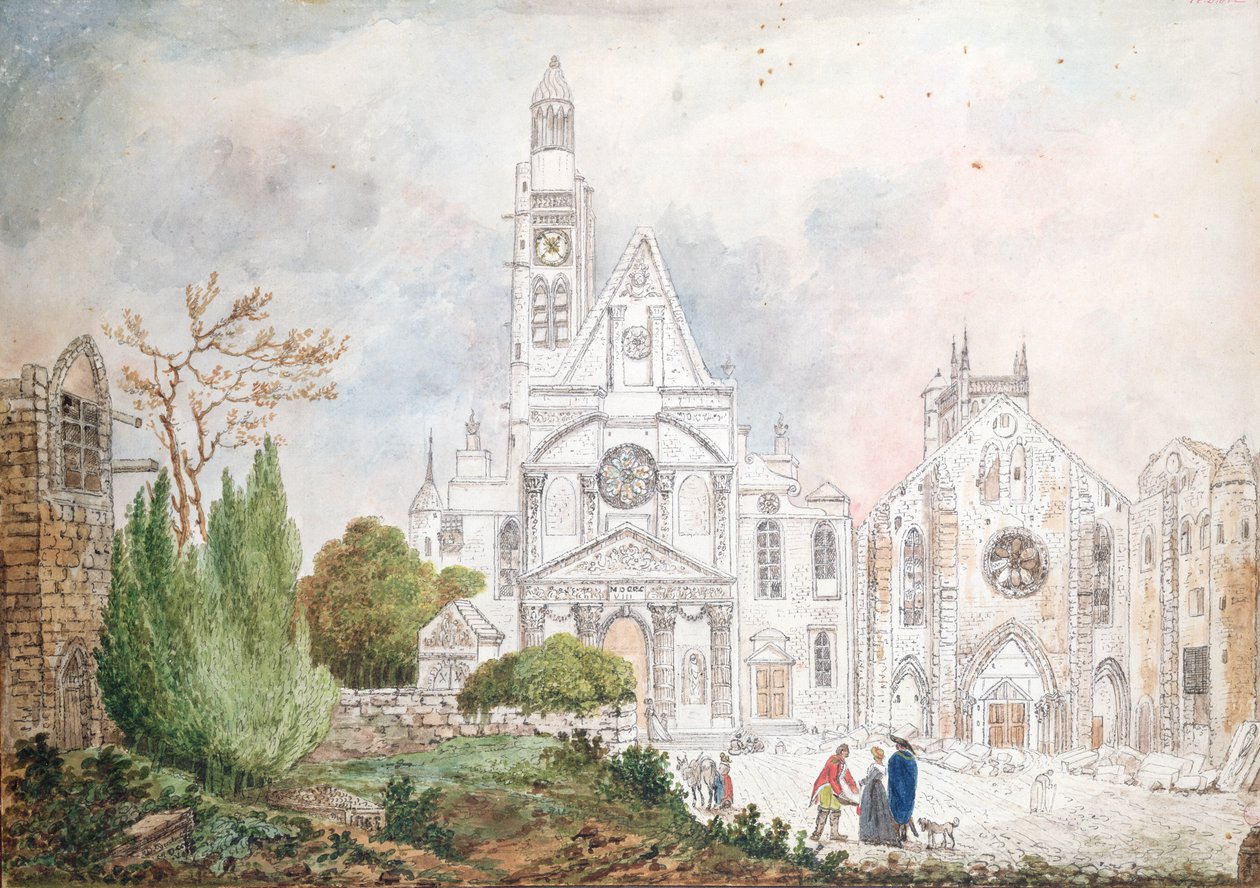 Fasaden av den gamla kyrkan Saint-Genevieve och Saint-Etienne-du-Mont, 1807 (wc på papper) av Mme. Duchateau