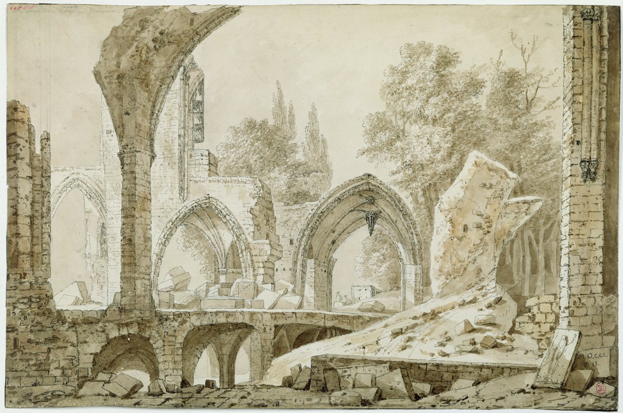 Interiör av Sainte-Geneviève-kyrkan i ruiner, 1807 (penna och bläck på papper) av Mme. Duchateau