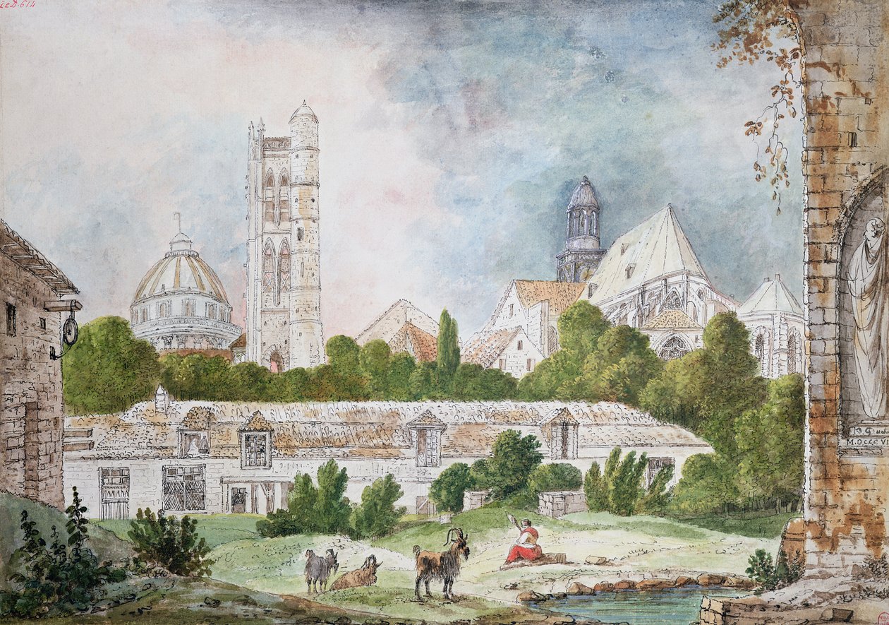 Den nye kirke Sainte-Genevieve og Saint-Etienne-du-Mont set fra ruinerne af klosteret Sainte-Genevieve i Paris, 1807 (wc og blæk på papir) sverige av Mme. Duchateau